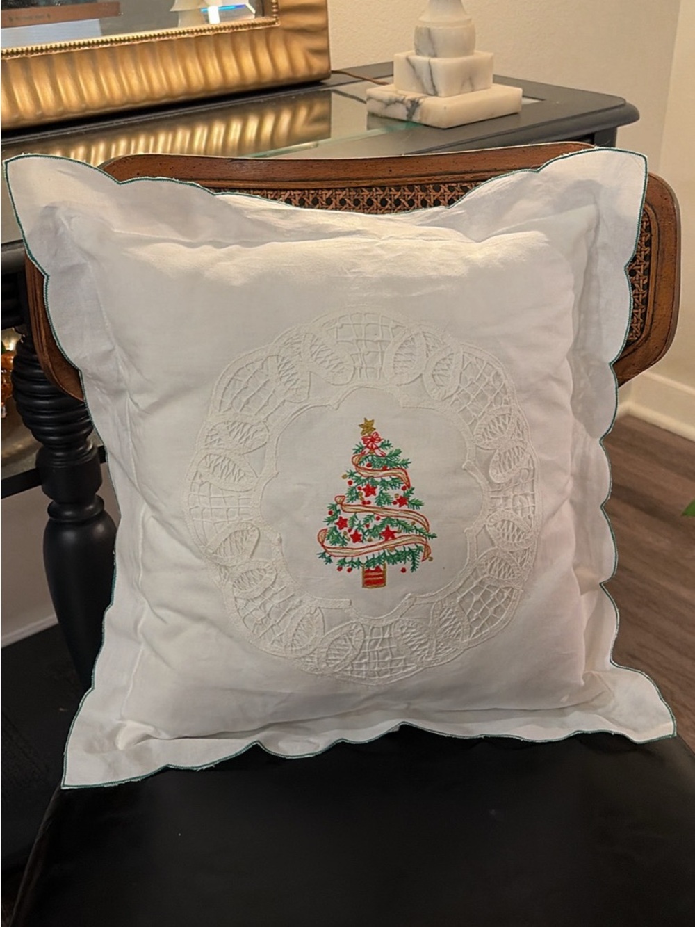 Vintage Embroidered Doily Lace Accent Throw Pillow Christmas Tree Cottagecore